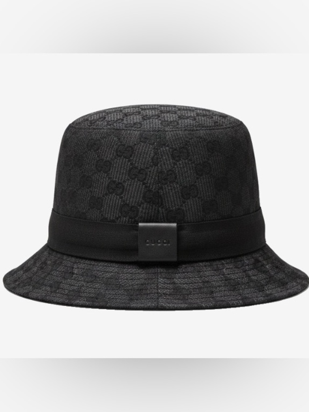 🛍️Gucci Authentic Black GG Monogram Bucket Hat with Leather Logo & Cert. of Auth